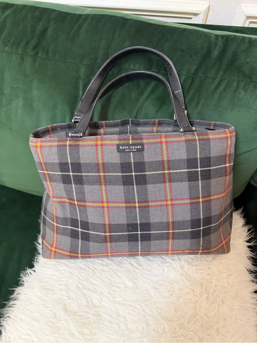 kate spade Gray Plaid Tote with Black Handles and Red-Yellow Accents